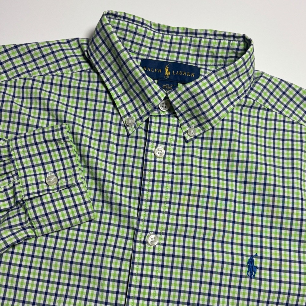 Ralph Lauren Gingham Check Boys XL 18-20 Green Navy Blue Plaid Button Down Shirt
